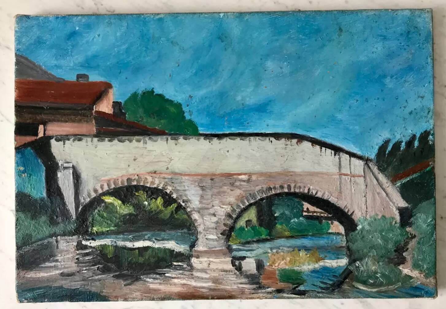 Oil painting on canvas landscape old bridge and river