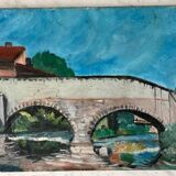 Tableau huile sur toile paysage pont et rivière ancien