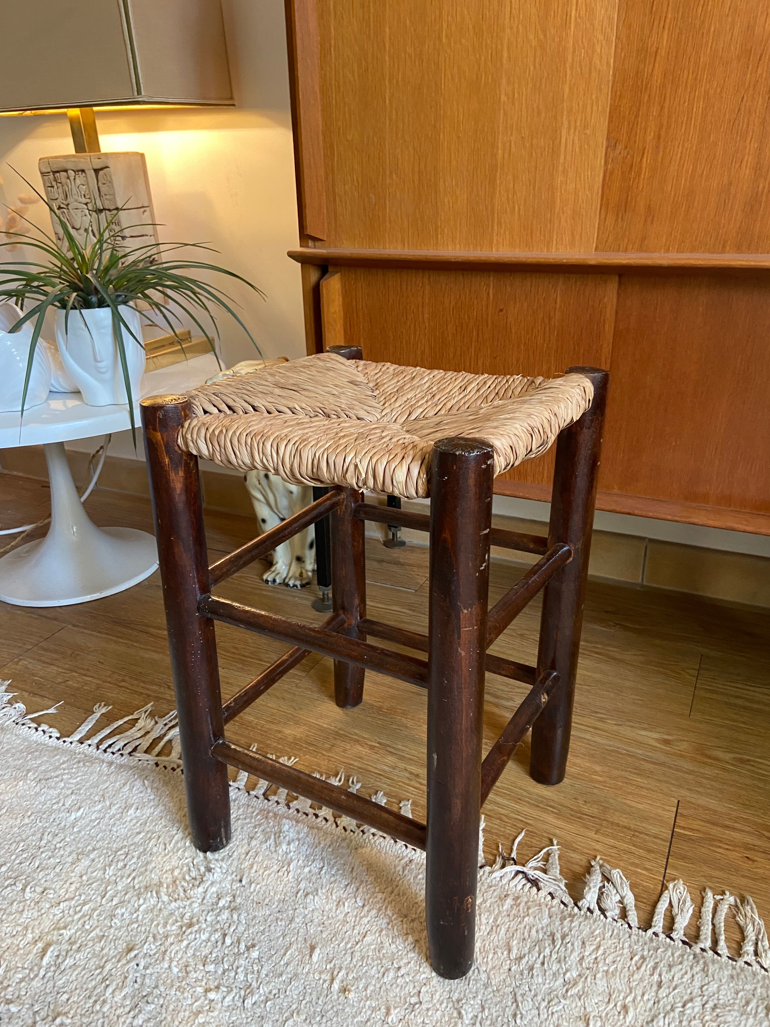 Vintage wooden and straw stool