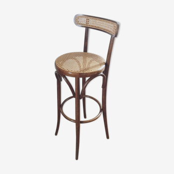 Tabouret chaise de bar en bois assise cannée années 70