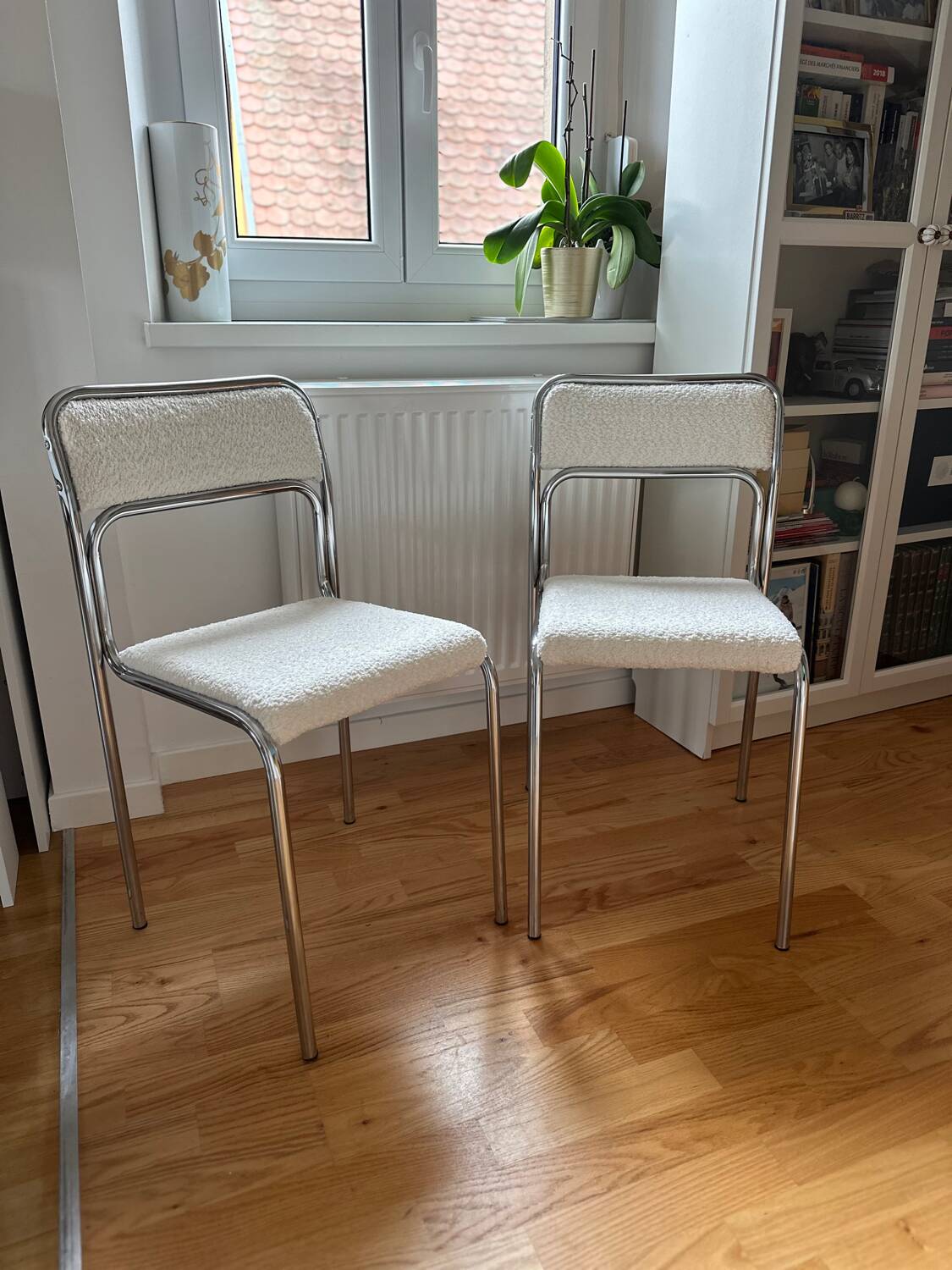 Pair of chrome bouclette chairs