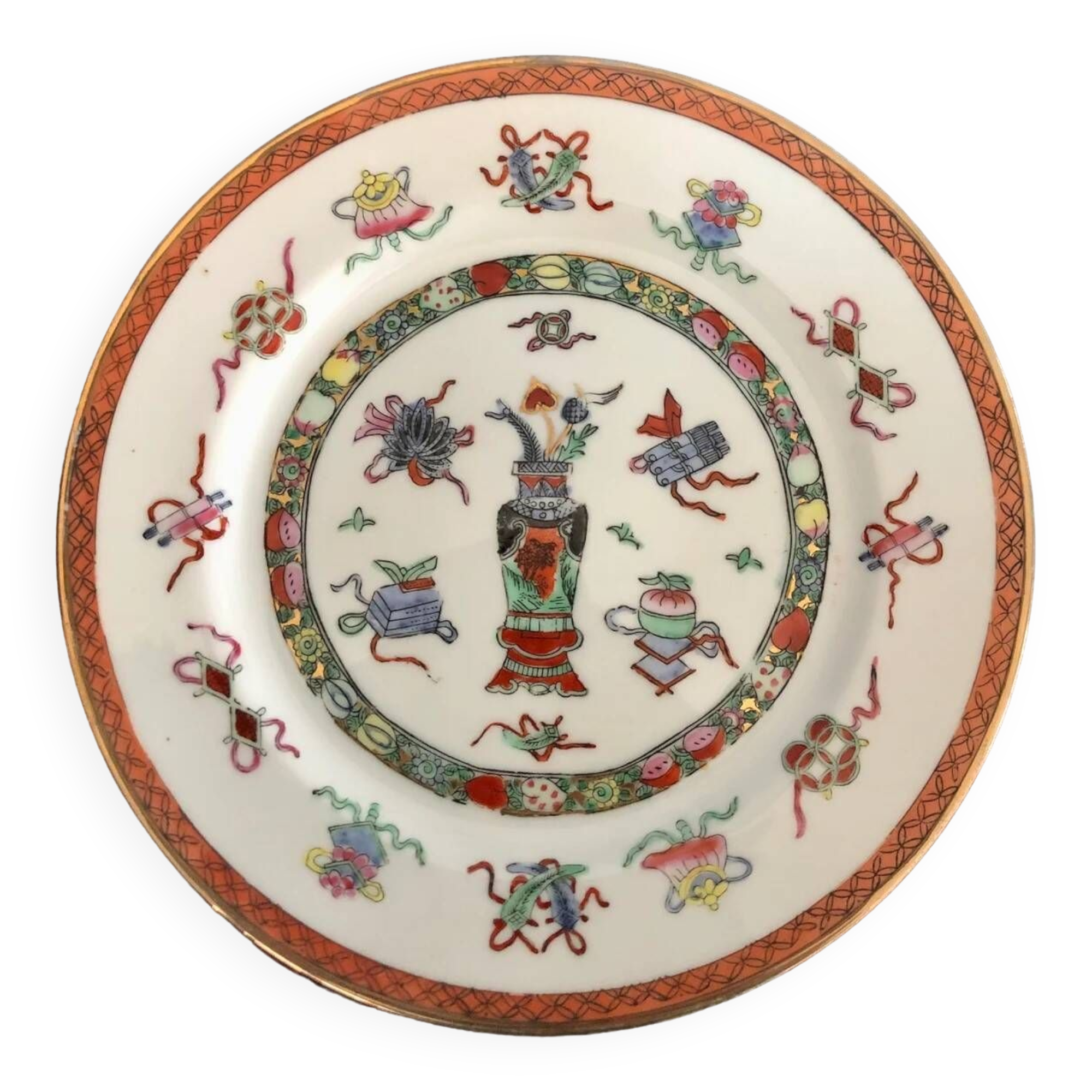 Hand-painted chinese porcelain plate enhanced with gold, qianlong brand, 20th century
