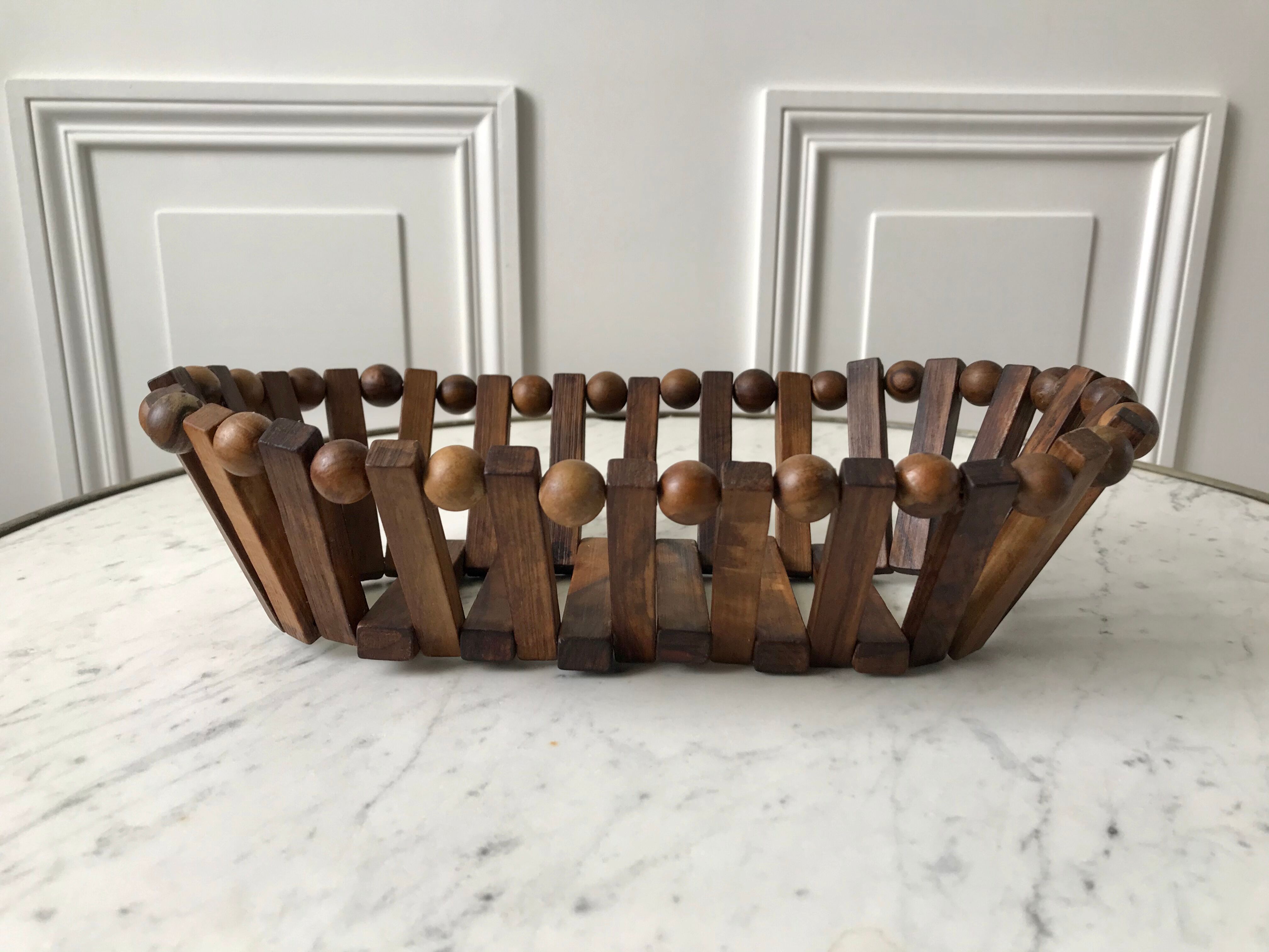 Fruit basket / bread in teak and pearl wood Scandinavian style 60s
