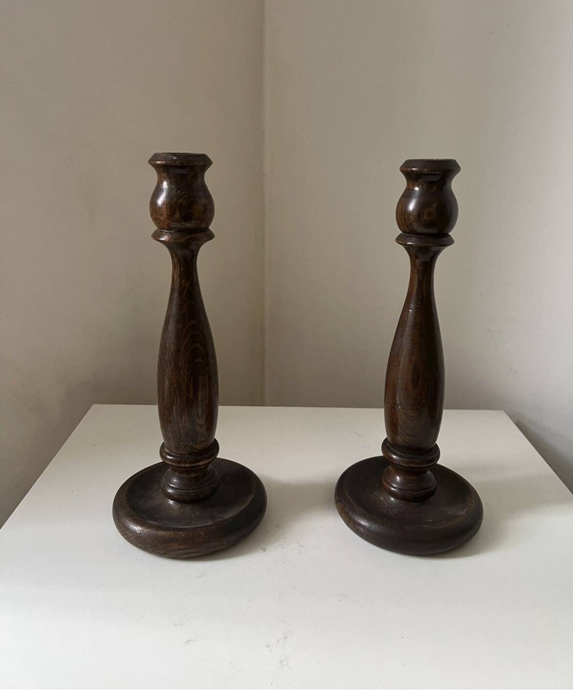 Pair of vintage turned wood candlesticks