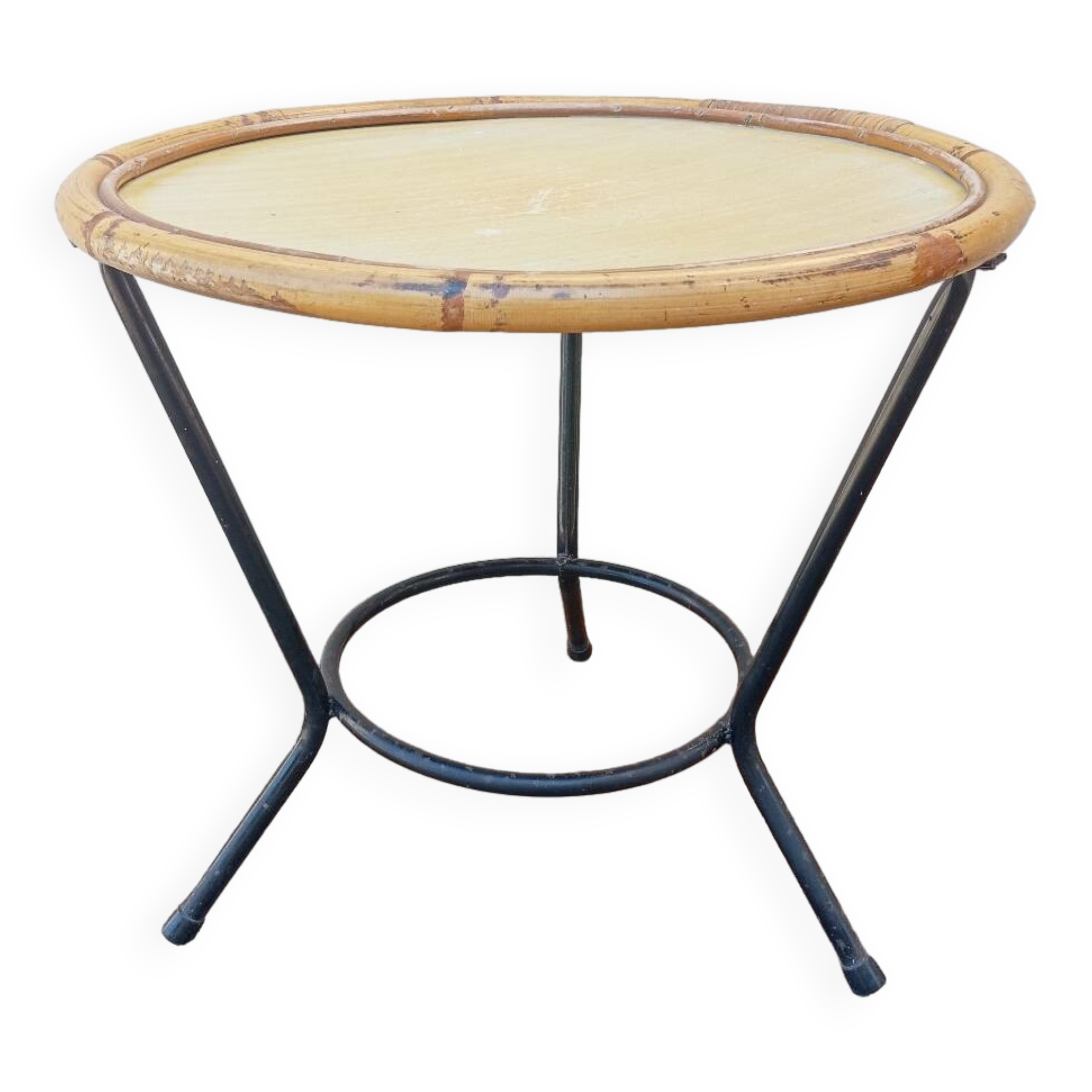 Guéridon table basse tripode, plateau bambou