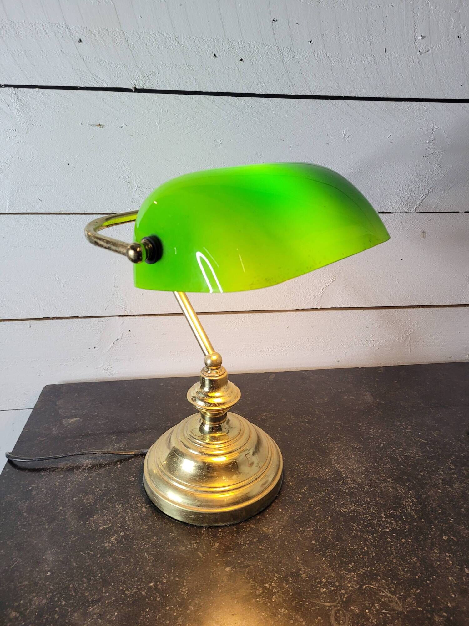 Vintage brass desk lamp with glass shade