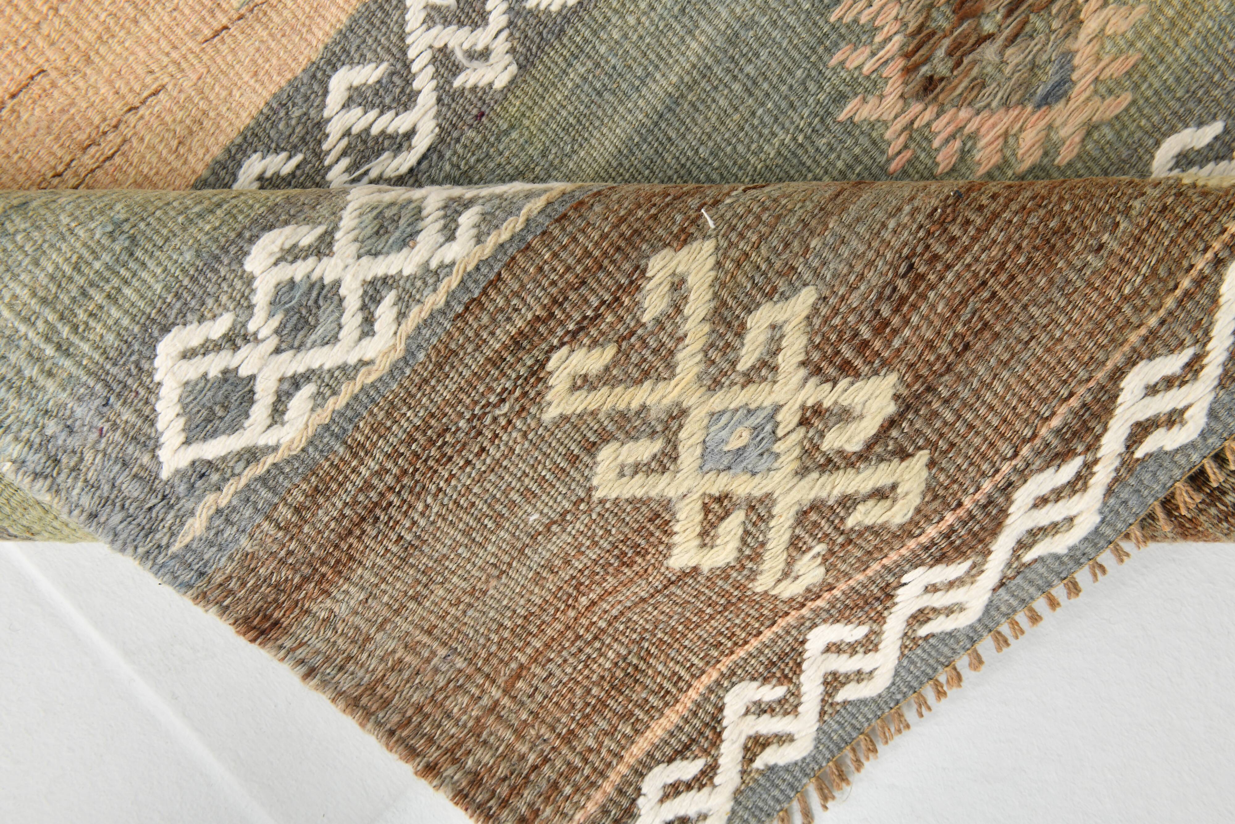 Tapis Kilim vert et crème 2x6, 63x180 cm