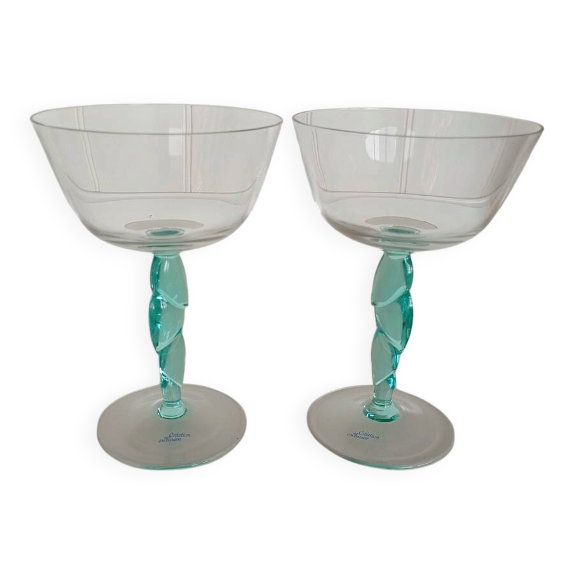 Pair of Vintage Postmodern Crystal Champagne Coupes with Organic Aqua Stems