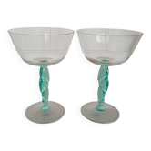 Paire de coupes à champagne vintage postmodernes en cristal avec tiges organiques aqua.