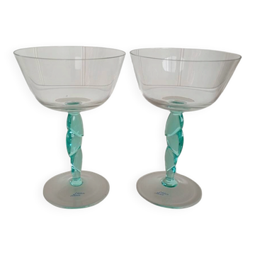 Pair of Vintage Postmodern Crystal Champagne Coupes with Organic Aqua Stems
