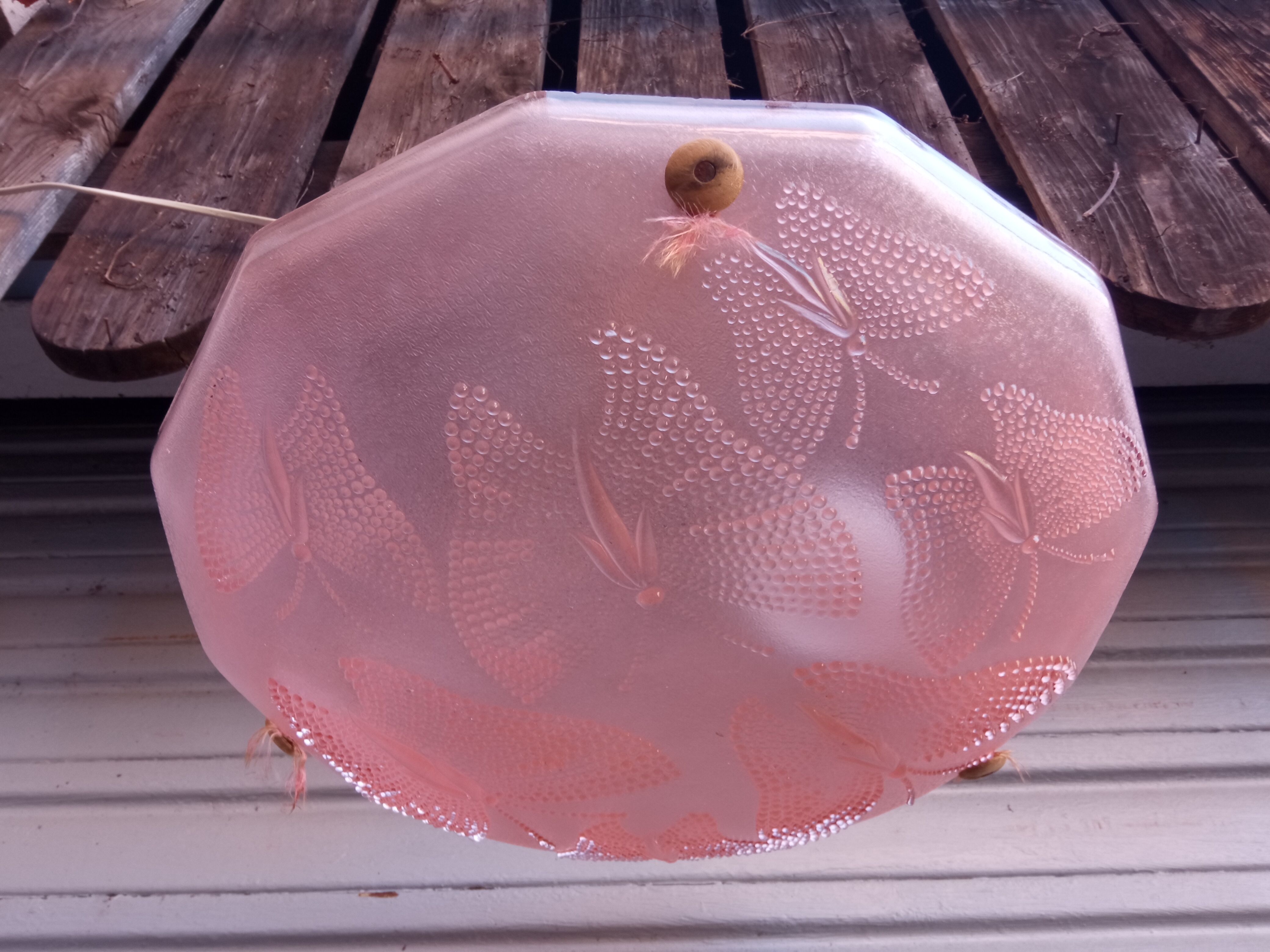 Art Deco ceiling lamp in pink pressed molded glass -