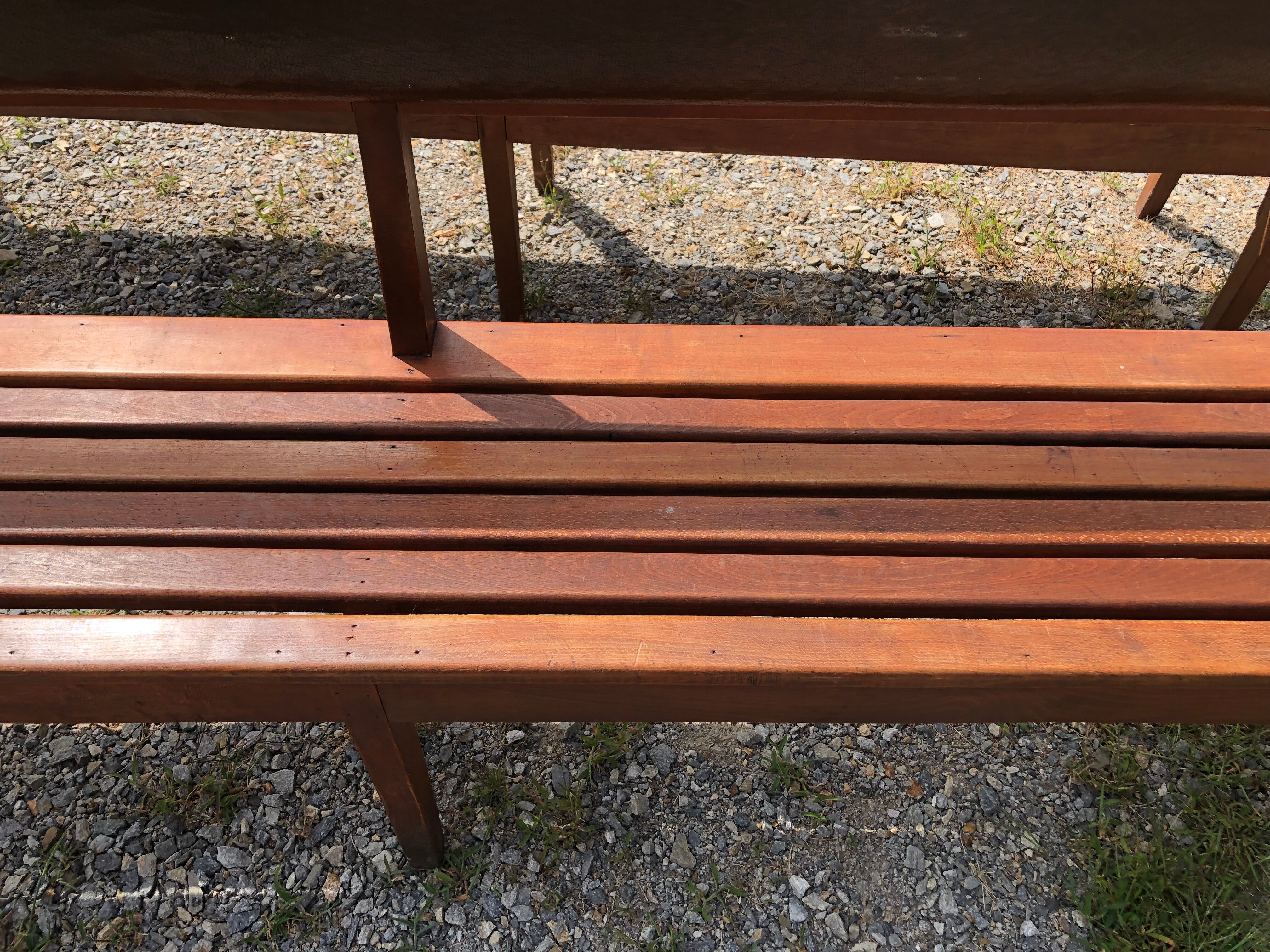 Duo of vintage church benches in solid beech
