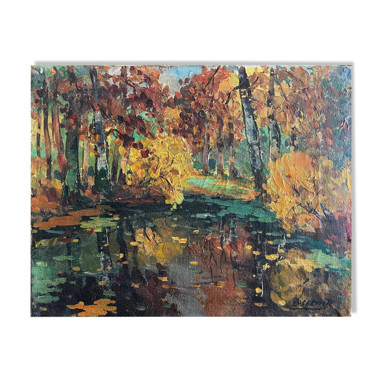 Tableau HST "Autumn Reflection" Post-Impressionist landscape signed
