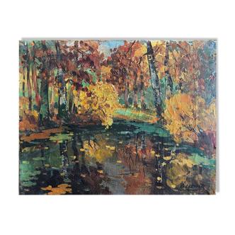Tableau HST "Autumn Reflection" Post-Impressionist landscape signed