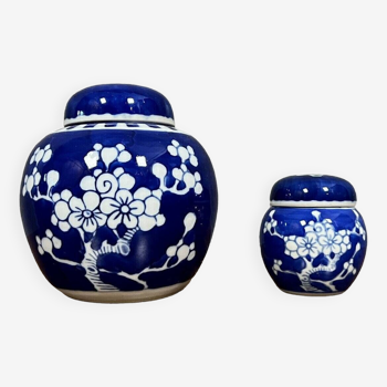 Deux pots à gingembre vintage en porcelaine chinoise à décor de fleurs de prunus bleu et blanc