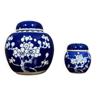 Deux pots à gingembre vintage en porcelaine chinoise à décor de fleurs de prunus bleu et blanc