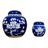 Deux pots à gingembre vintage en porcelaine chinoise à décor de fleurs de prunus bleu et blanc