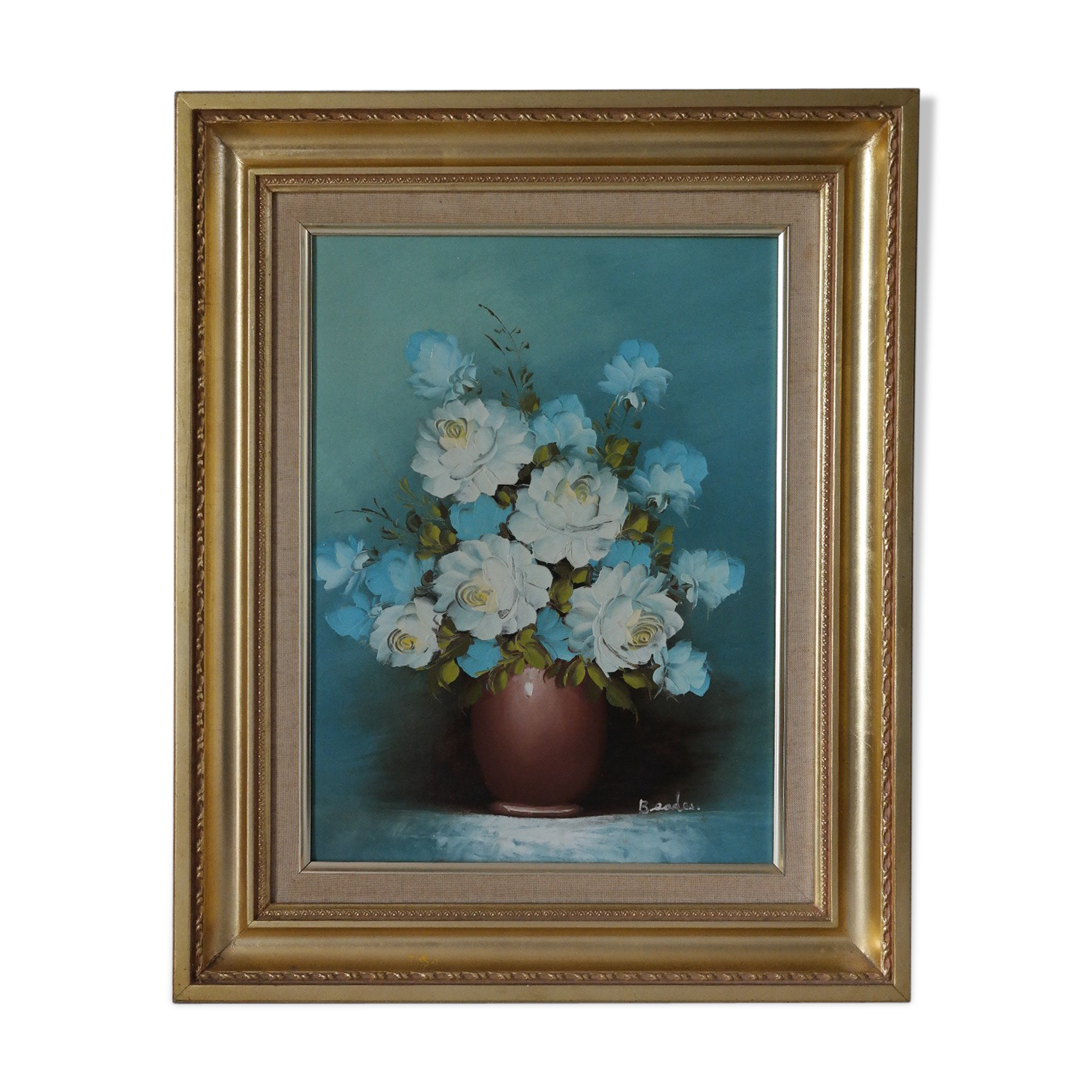 Tableau huile sur toile bouquet de fleurs ton bleu
