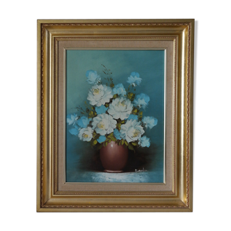 Table oil on canvas bouquet of flowers ton blue