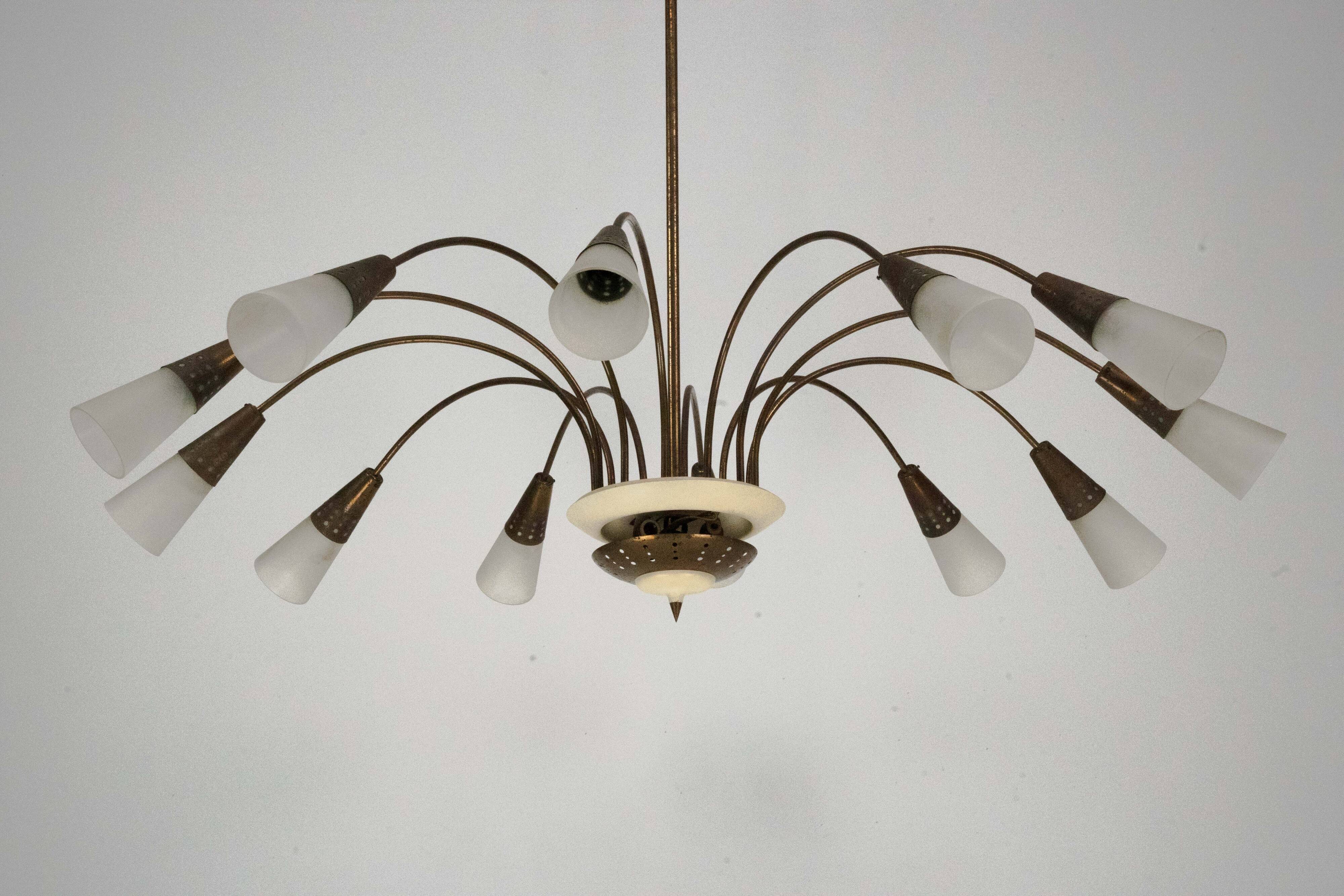 Large Italian Mid-Century Sputnik Brass Chandelier with Satin Glass, 1950s