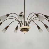 Large Italian Mid-Century Sputnik Brass Chandelier with Satin Glass, 1950s