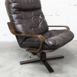 Fauteuil scandinave 1970 bois laminé courbé assise Cuir