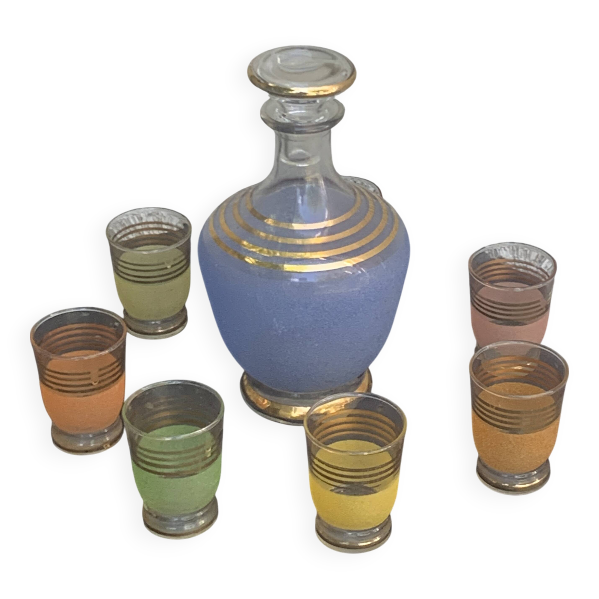 Liqueur set, Porto, consisting of a blue granite carafe and 6 glasses