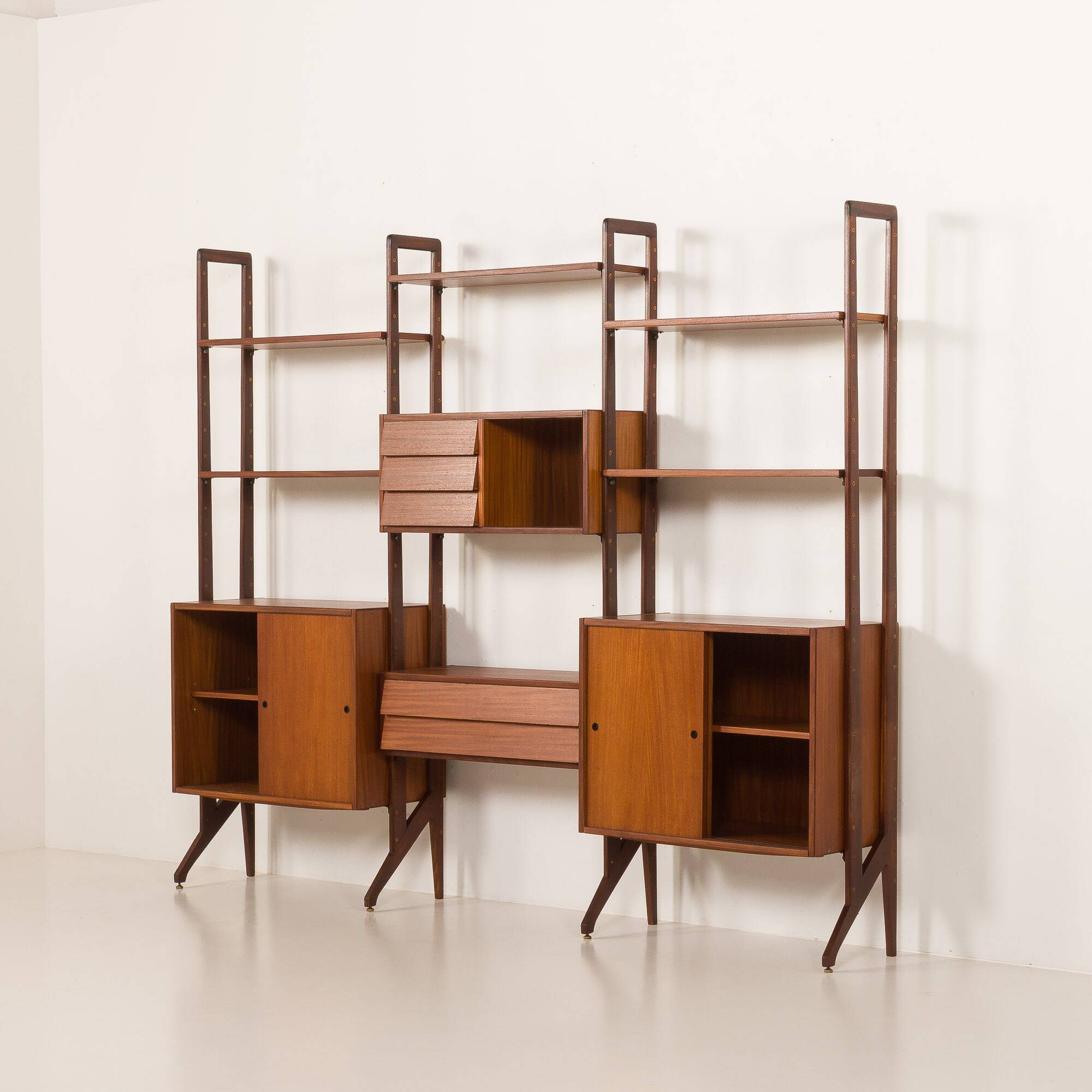 Italian freestanding wall unit or room divider in teak, 1960s