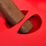 Red enamelled cast iron pot in mid-century style with teak handle by Timo Sarpaneva for Rosenlew of Finland, 1960s.