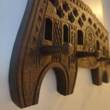 Brutalist style carved wooden coat rack with four hooks