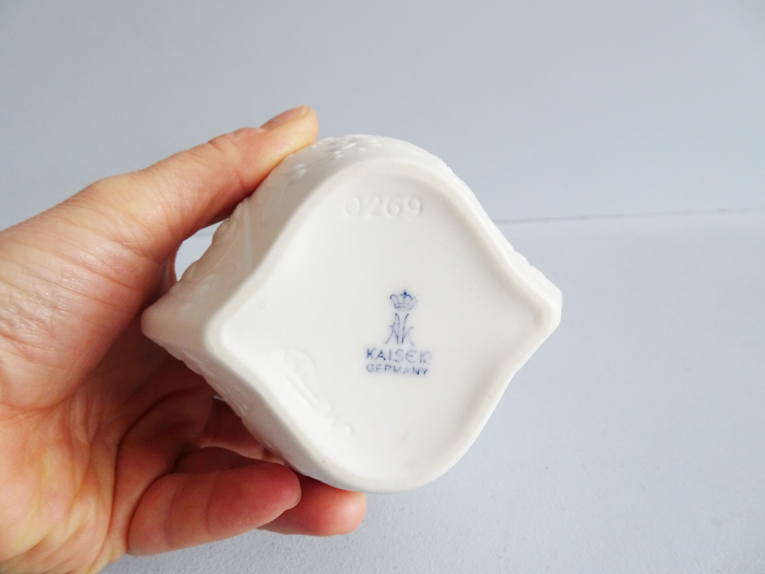 AK Kaiser bisque vase design M. Frey, white vase with flower relief