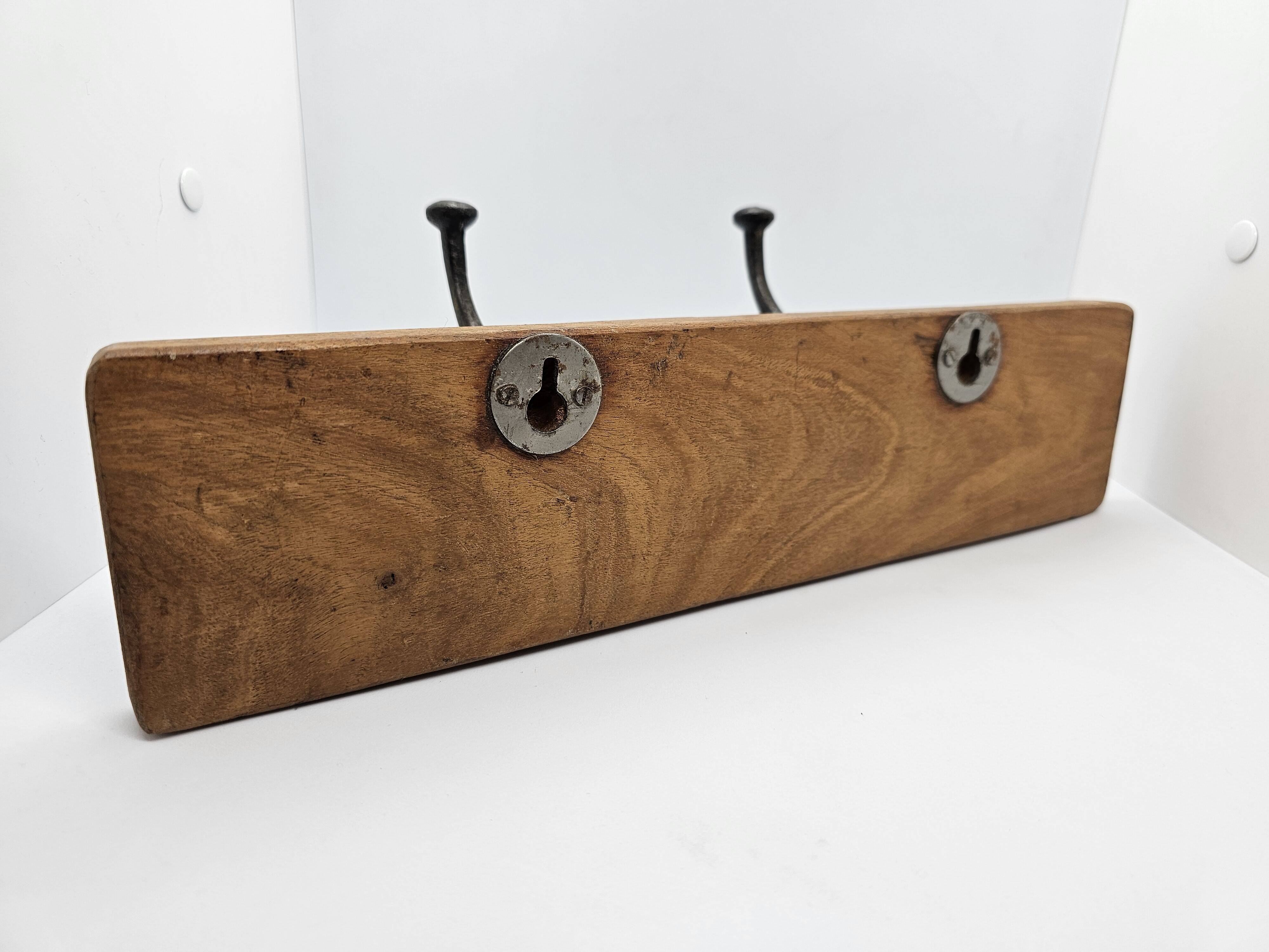Solid teak coat hook with 2 double cast iron hooks