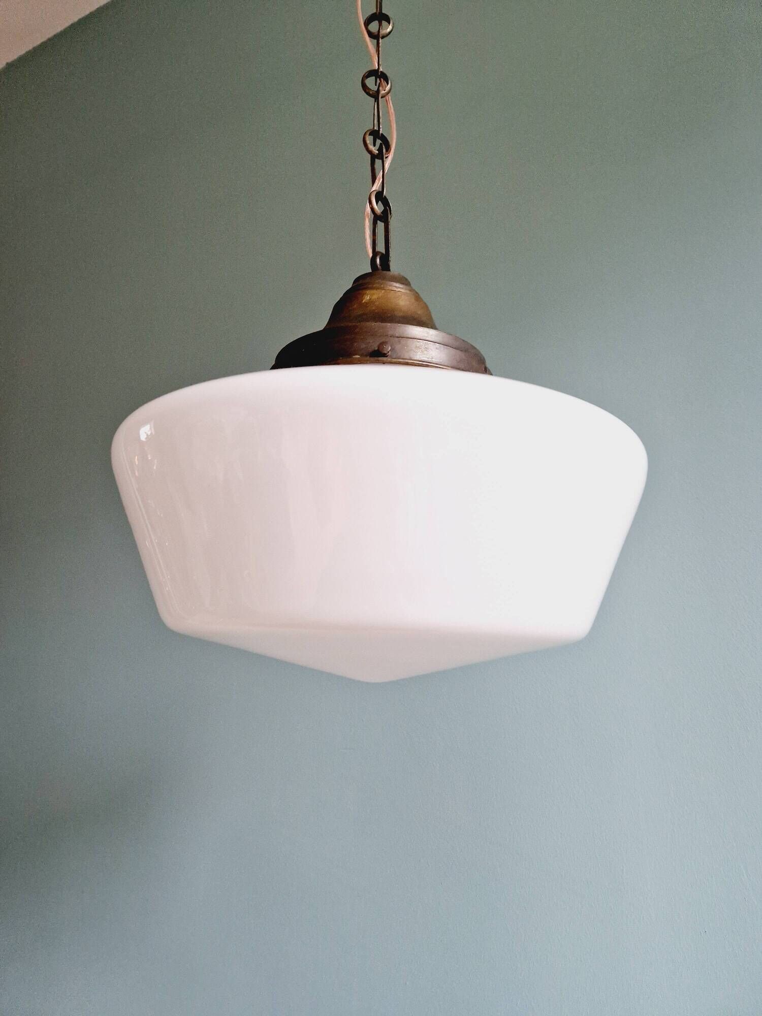 Large Art Deco pendant light in conical white opaline, 1920s-30s