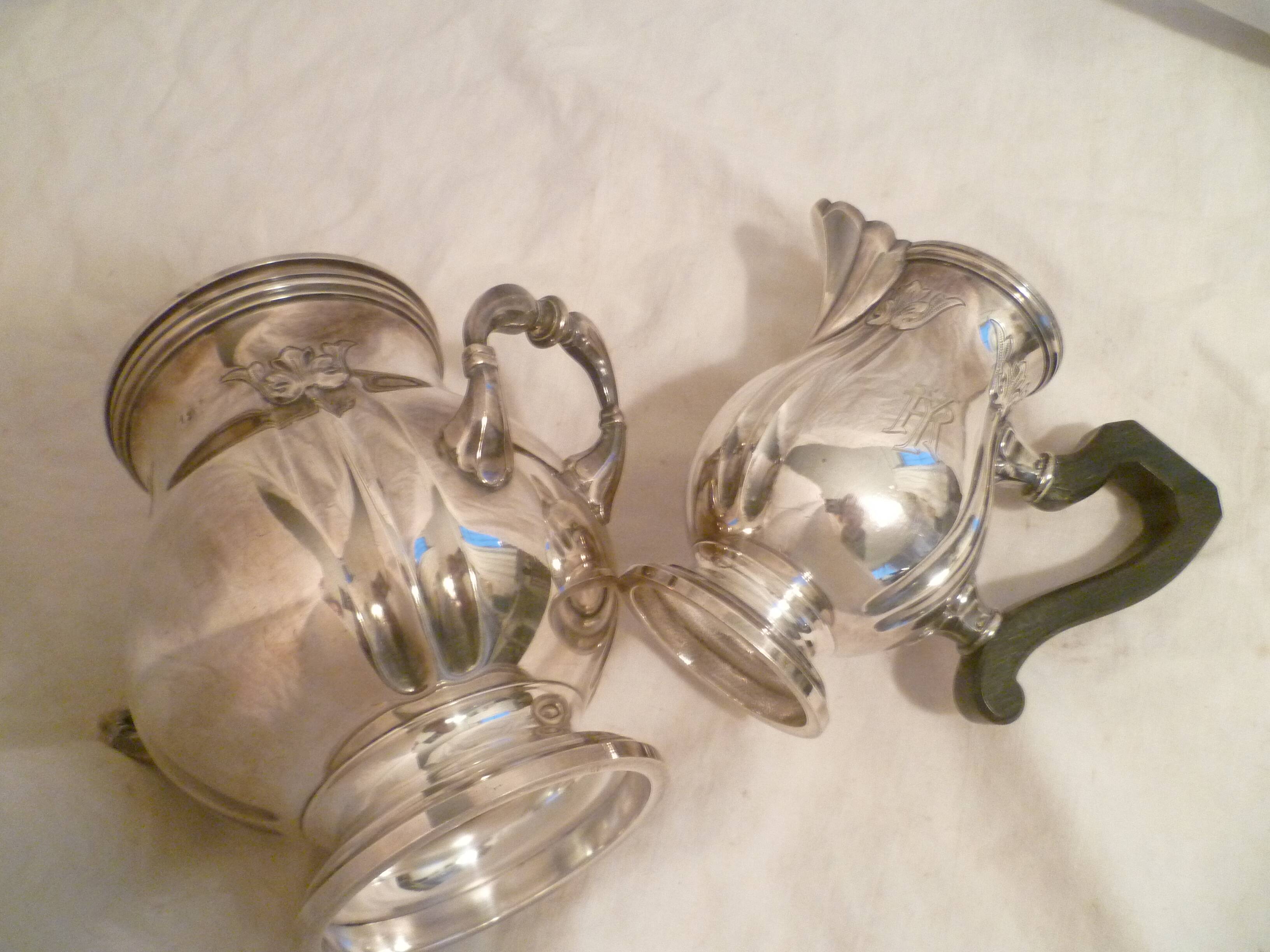 Sugar bowl & its milk pot with ebony handle in silver metal