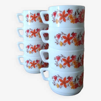 8 Arcopal tea cups Flore Vintage 70 model