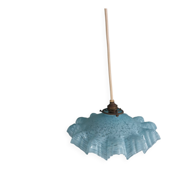 Suspension light with a sky blue glass shade from Clichy, snowflake shape.