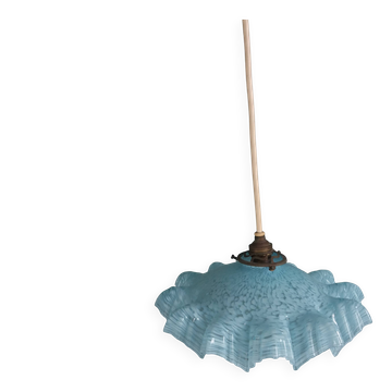 Suspension luminaire abat-jour en verre de Clichy bleu ciel, forme flocon