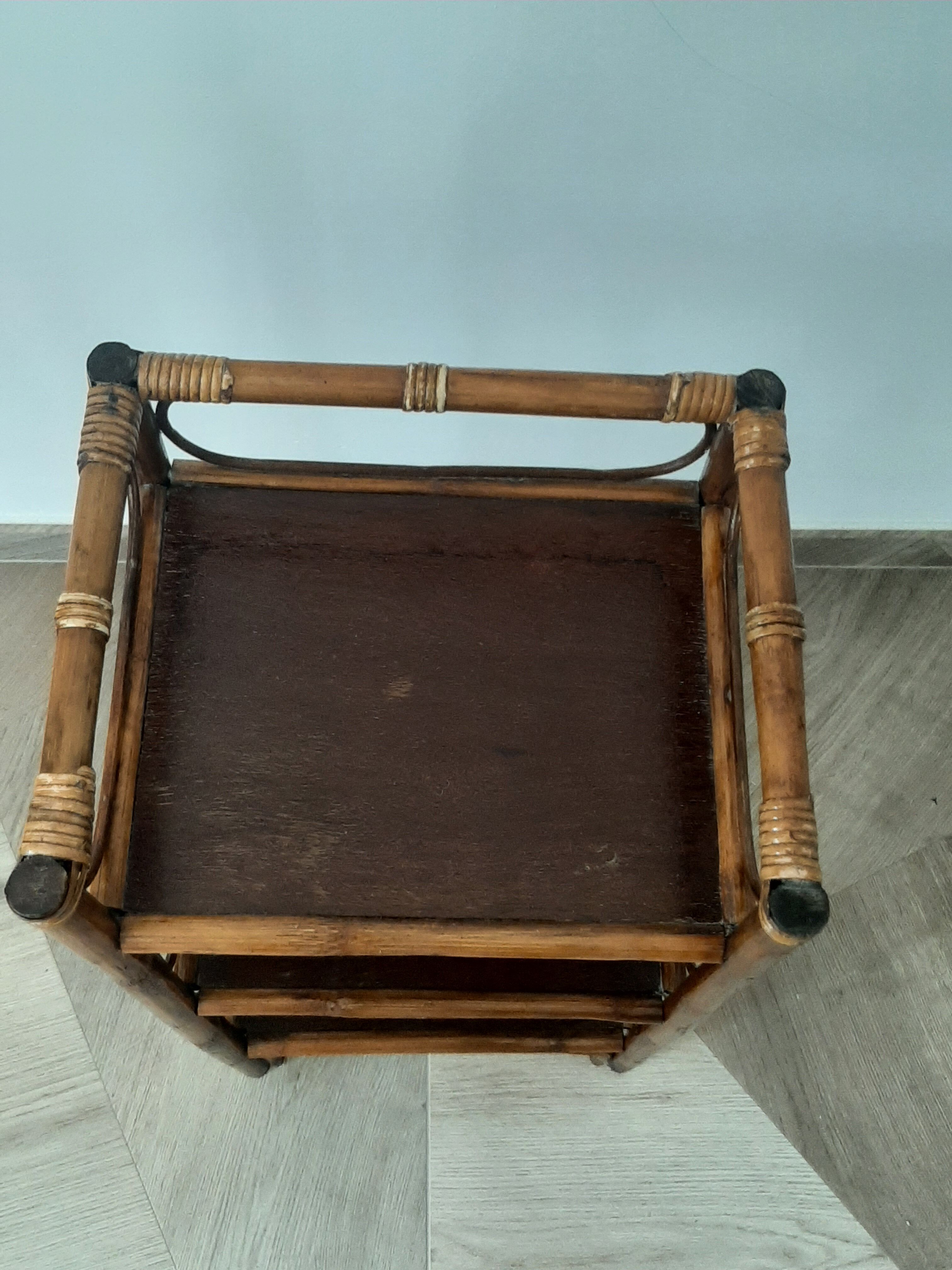 Vintage - set of 2 shelves of wooden floor, bamboo and rattan - 3 levels- retro 80s