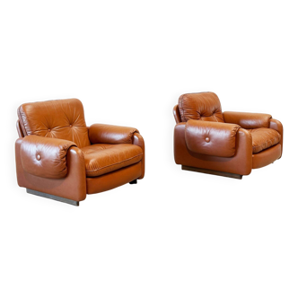 Set of two Italian cognac leather lounge chairs