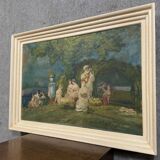 Claudius denis (1878-1947): large oil painting on canvas depicting a lively gallant scene