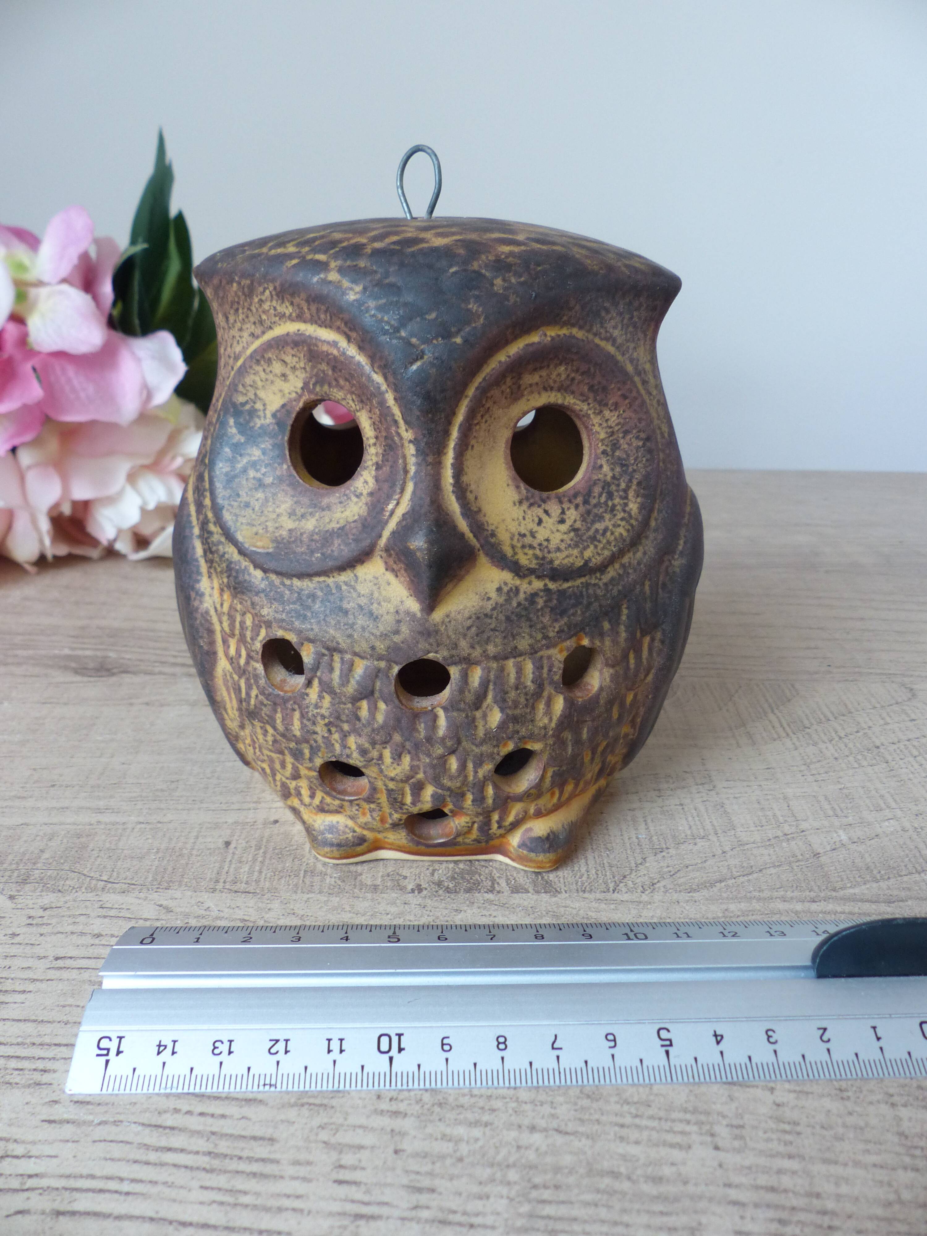 Vintage owl shaped stoneware tealight candle holder, owl lantern