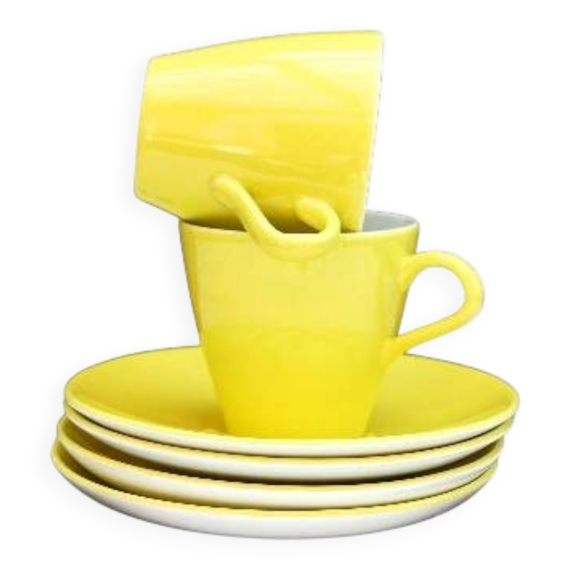 A pair of vintage bright yellow Poole Pottery - Two cups, saucers and ace