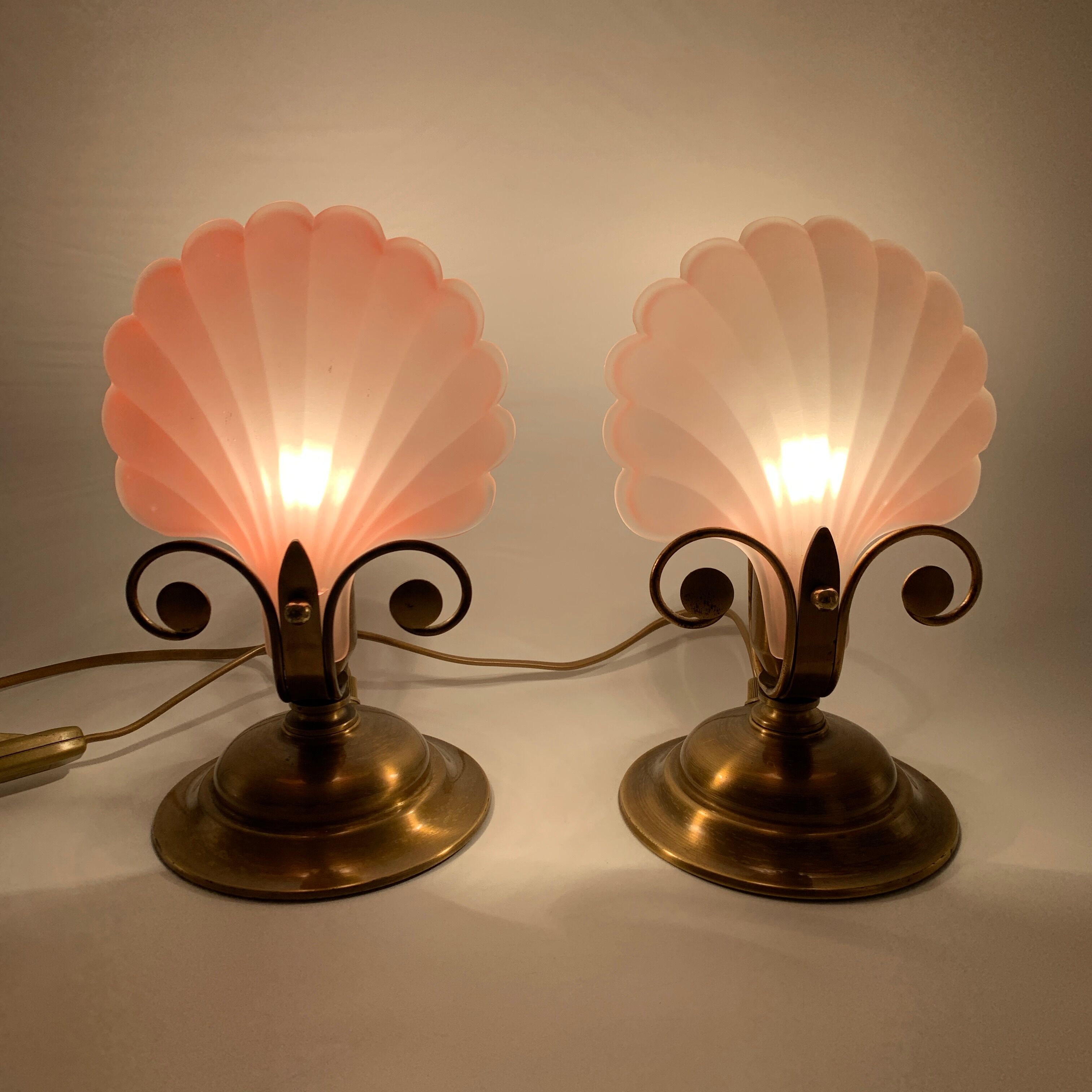 Pair of vintage brushed glass and brass shell lamps