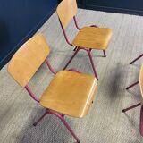 Set of 4 light wood school chairs with fuchsia legs, Netherlands, 1970s