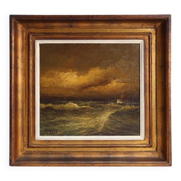 Seascape painting by Albert Demoen in Giltwood Frame, Belgium ca. 1940