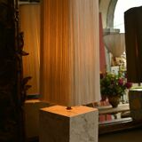 Beige marble stucco base, Houles white ecru fringed lampshade.