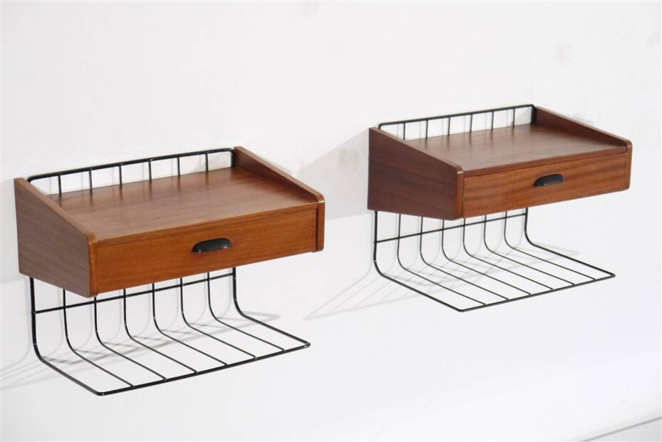 Pair of vintage Scandinavian hanging bedside tables 1960