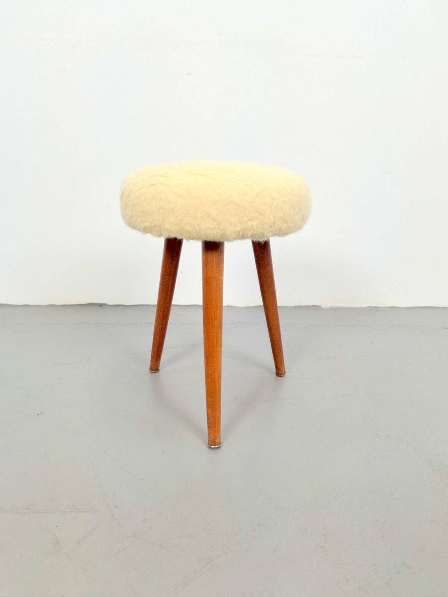 Vintage Swedish Three Legged Sheepskin Stool, 1970
