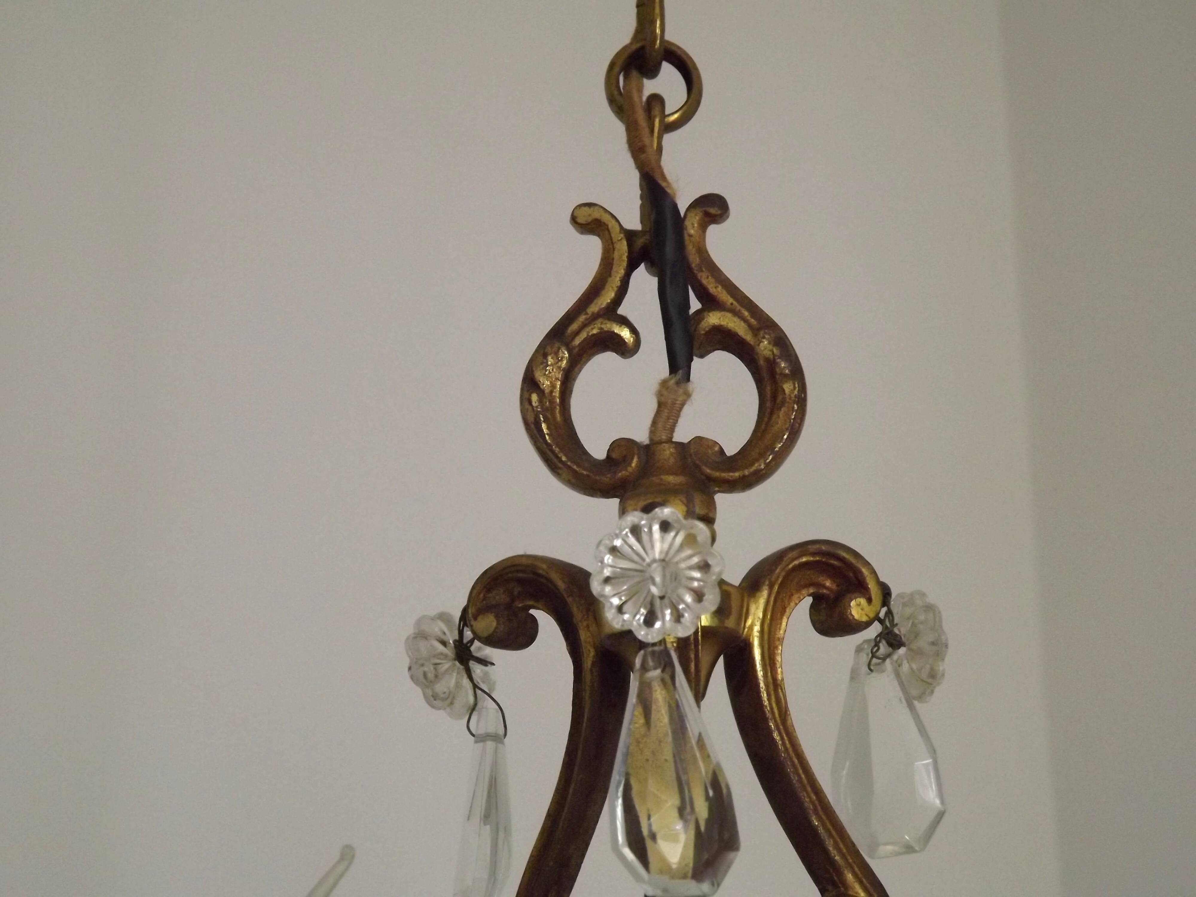 French Antique Art Nouveau 4 Light 3 Side Brass Crystal Cage Chandelier