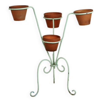Vintage french plant rack plant stand wrought iron 4 holders terracotta